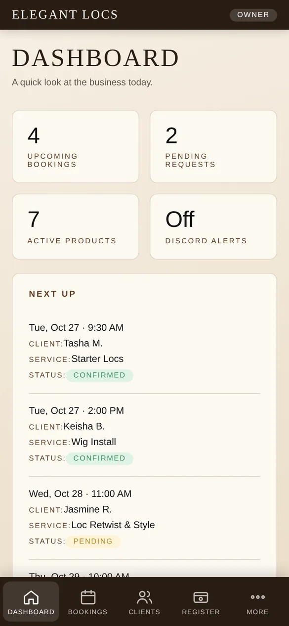 Back office dashboard with upcoming appointments